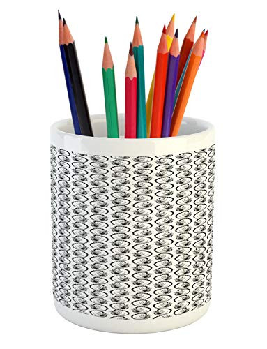 Lunarable Dinosaur Pencil Pen Holder Repeating Pattern of Happy Dino Taking Care of a Plant Jurassic Ceramic Pencil Holder for Desk Office Accessory 3.6 inch  X 3.2 inch  Charcoal Grey White