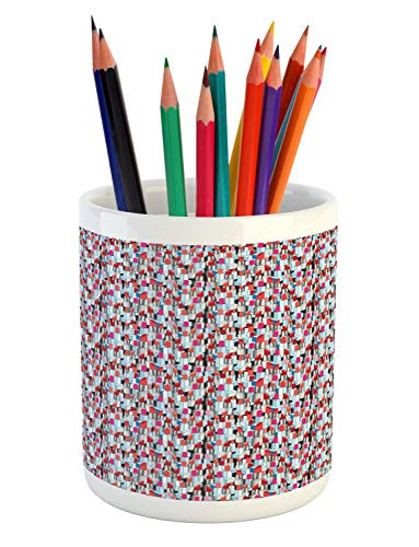 Lunarable Fashion Pencil Pen Holder Repetitive Feminine Pattern of Lipsticks Woman Elements Self-Care Products Ceramic Pencil Holder for Desk Office Accessory 3.6 inch  X 3.2 inch  Multicolor