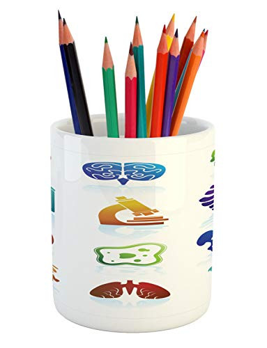 Ambesonne Biology Pencil Pen Holder Hospital Healthcare Body Parts Related Colorful Biological Elements Ceramic Pencil Holder for Desk Office Accessory 3.6 inch  X 3.2 inch  White Multicolor