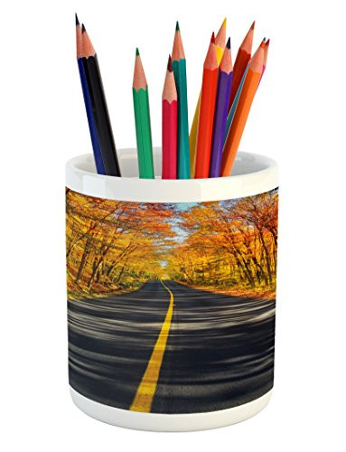 Ambesonne Fall Pencil Pen Holder Endless Rural Road Through Vibrant Treed Corridor Landscape Scenic Countryside View Printed Ceramic Pencil Pen Holder for Desk Office Accessory Multicolor