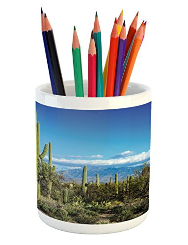 Ambesonne Desert Pencil Pen Holder Wide View of The Tucson Countryside with Cacti Rural Wild Landscape Arizona Phoenix Printed Ceramic Pencil Pen Holder for Desk Office Accessory Green Blue