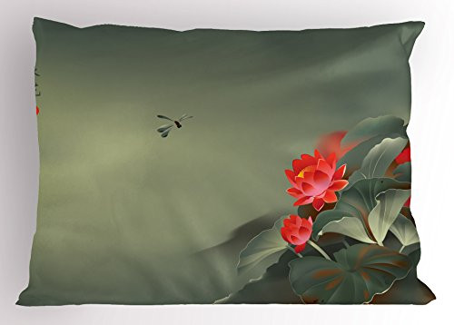 Ambesonne Dragonfly Pillow Sham Traditional Japanese Painting Lotus Blooms in Tones Design Decorative Standard King Size Printed Pillowcase 36 inch  X 20 inch  Red Reseda Green