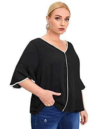 Milumia Womens Plus Size Casual Blouse Ruffle Bell Sleeve V Neck Work Shirt Top Black XX-Large Plus