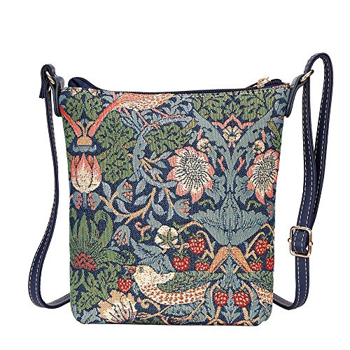 Signare Tapestry Small Crossbody Bag Sling Bag for Women with Flower and Bird William Morris Strawberry Thief Blue Design  SLING -STBL