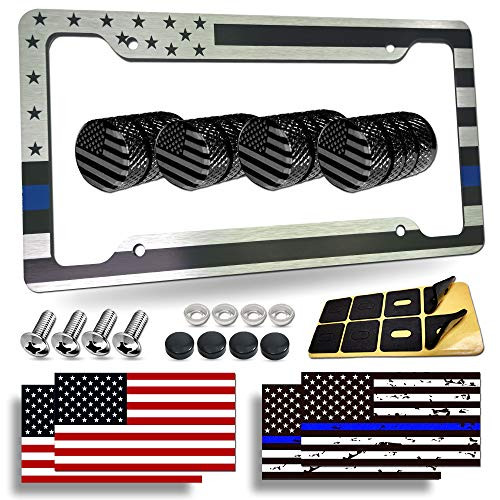 BGGTMO American Flag License Plate Frame- Patriotic USA Thin Blue Line Car Tag Cover Heavy Duty Brushed Aluminum Front Rear Holder with Screws Caps Rust Rattle Proof Flag Decal  and  Tire Valve Caps