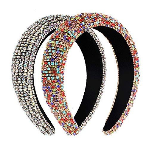 Wudaozi 2 Pack Velvet Padded Rhinestone Headbands Sparkling Bejewelled Hairband for Women Delicate Crystal Embellished Headbands Wide Accessory for Birthday Parties?Colorful  and  Dream Color?