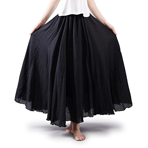 Aeslech Womens Bohemian Style Elastic Waist Band Cotton Linen Floor Length Maxi Skirt Black 95cm