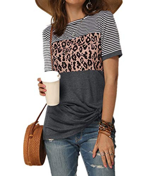 Womens Summer Casual Short Sleeve Shirts Leopard Print Stripe Twist Knot Color Block Tunic T Shirt Tops Grey Small Womens Summer Casual Short Sleeve Shirts Leopard Print Stripe Twist Knot Color Block Tunic T Shirt Tops Grey Small