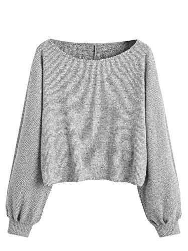 Floerns Womens Solid Boat Neck Long Lantern Sleeve Pullover Thin Sweater Top Light Grey XL