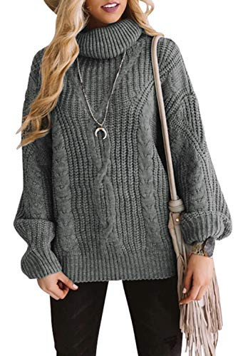 ZESICA Womens Long Sleeve Turtleneck Chunky Knit Loose Oversized Sweater Pullover Jumper Tops Grey