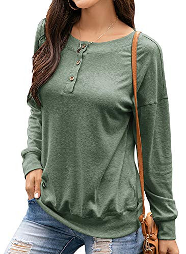 Basoteeuo Womens Button Down Henley Shirts Long Sleeve Tunic Tops Thin Pullover Sweatshirt Green L