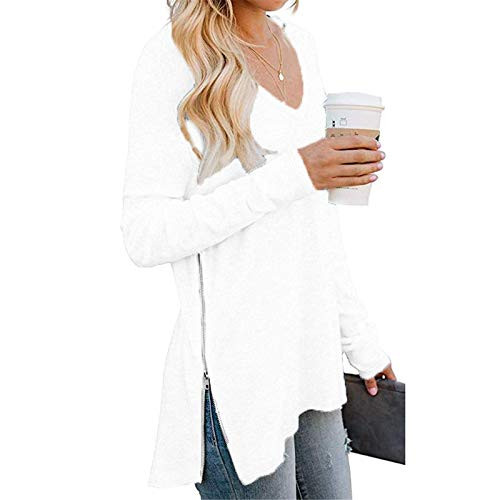 OutTop Women Long Sleeve T Shirt Casual V Neck Solid Loose Trendy Zipper Split Tunic Blouse Top Tees for Women  White S