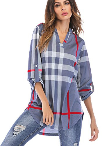 St. Jubileens Women 3 4 Sleeve Plaid Shirt Tunic V Neck Casual Pullover Blouses Tops Grey M