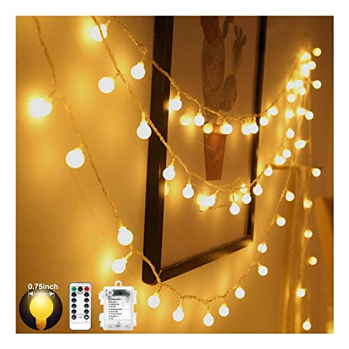 YoTelim Globe String Lights Battery Operated Warm White ?Water Proof 1 Pack 33FT 80 LED Globe Fairy String Light 8 Modes with Remote Control  for Home Party Christmas Wedding Garden Decoration