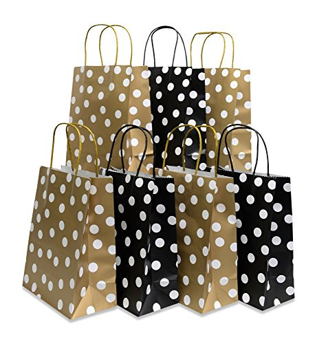 Assorted bright color Kraft paper gift bags, medium, set of 24 bags, 8" x 10" x 4" (Black & Gold, 24 Bags)