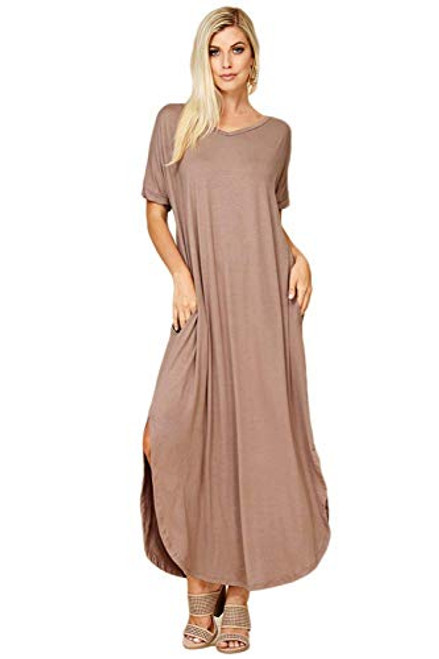 Womens Long Split Maxi Dress Casual Loose V Neck Short Sleeve Beach with Pockets - Mocha Small Womens Long Split Maxi Dress Casual Loose V Neck Short Sleeve Beach with Pockets - Mocha Small