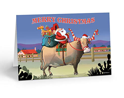 Western Christmas Card - 18 Cards and Envelopes - Santa Rides Texas Longhorn Western Christmas Card - 18 Cards and Envelopes - Santa Rides Texas Longhorn