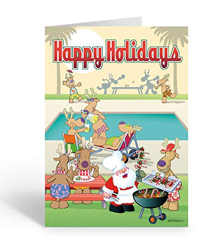 Pool Christmas Holiday Card - Poolside BBQ - 18 Pool Christmas Cards  and  Envelopes