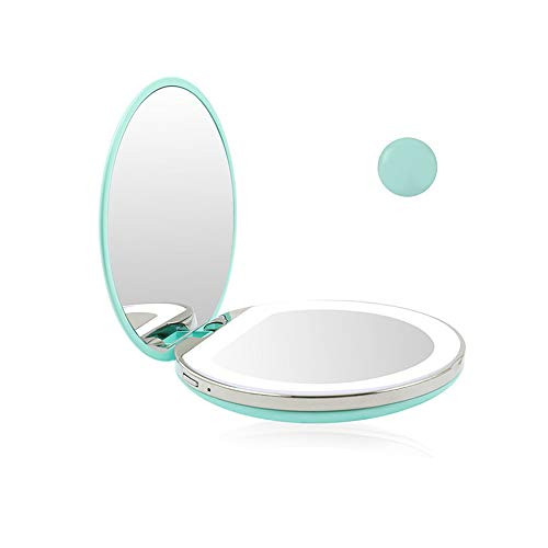 Hovico LED Lighted Travel Makeup Mirror 3 inch Lighted Compact Mirror with Light Rechargeable Magnified Travel Mirror Portable Vanity Mirror -Green-