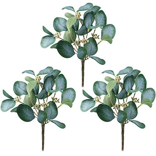 3 Pcs Faux Seeded Eucalyptus Leaf Stems Bulk Artificial Greenery Stems Fake Silver Dollar Eucalyptus Leaf Branches for Floral Arrangement Vase Centerpieces Bouquets Wedding Holiday Greens Decor