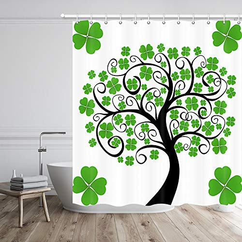 MERCHR St. Patricks Day Clover Shower Curtain Green Clover Tree Irish St Patricks Day Shamrock Bathroom Shower Curtain Set Fabric Shower Curtain Set with Hooks 69X70 in Green White