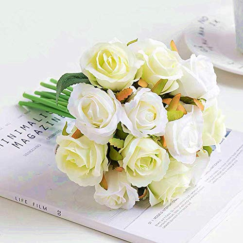 Jasion Artificial Roses Flowers 12 Heads Arrangement Silk Bouquet for Home Office Parties Bridal and Wedding Decoration -White with Green-