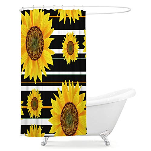 LIGHTINHOME Sunflower Shower Curtain 36Wx72L Inch Small Stall Bright Yellow Floral Black and White Stripe Rustic Nature Spring Plant Fabric Waterproof Bathroom Home Decor 12 Plastic Hooks