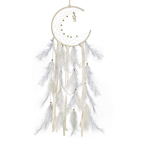 LOMOHOO Moon Dream Catcher Handmade Traditional Feather Dream Catchers with Star Pendant Wall Hanging for Kids Bedroom Dorm Room Home Decoration Bohemian Ornament Craft -Grey-