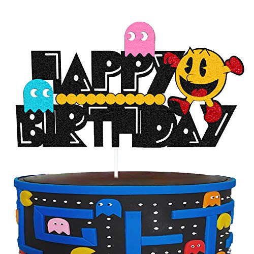 Cake Topper for Pacman 80s Arcade Game Themed Happy Birthday Cake Decorations Kids Boy Girl Gaming Party Supplies Glitter Black -Double Sided-