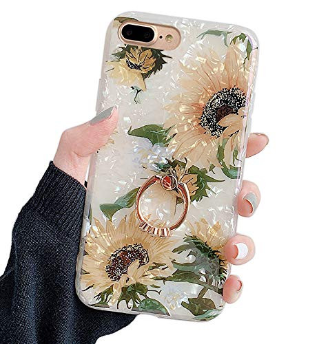 Qokey for iPhone 8 Plus CaseiPhone 7 Plus Case 5.5 inch Flower Pattern Cute Stand Cover for Women Girls 360 Degree Rotating Ring Stand Holder Kickstand Soft TPU Shockproof Leaf Sunflower