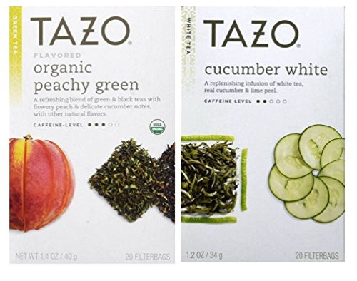 Tazo Flavored White and Green Tea 2 Flavor Variety Bundle; (1) Tazo Organic Peachy Green Tea (1) Tazo Cucumber White Tea, 1.2-1.4 Oz. Ea.