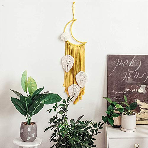 Dream Catcher Moon Dream Catcher Yellow Macrame Wall Hanging Boho Handmade Woven Leaves Tapestry for Home Decoration Ornament Craft Gift