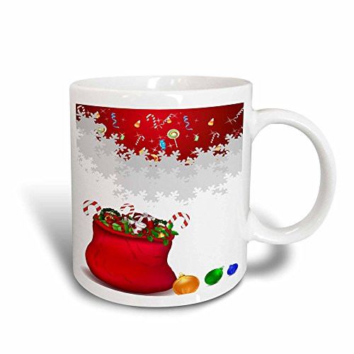 3dRose Santas Bag with Presents, Candy Canes, Snowflake Background, Magic Transforming Mug, 11-Oz