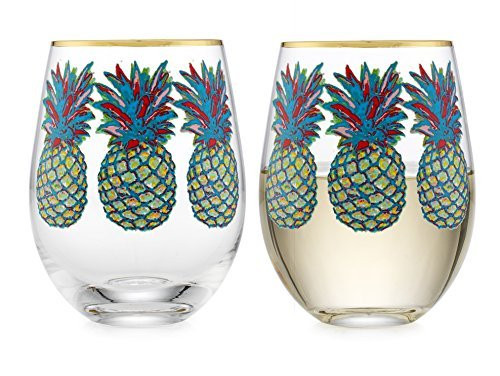 Elegant Home Personalized Gift Set of Two 19 Oz. Stemless Wine Glass - unique Novelty - Gag Gift. (Pineapple)