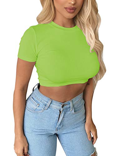Cuihur Womens Casual Short Sleeve Mock Neck Crop Top Slim Fit Ribbed Knit T Shirt Soild Basic Tee Tops Neon Green M
