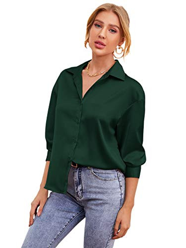 MakeMeChic Womens Solid Button Down Long Sleeve Satin Oversized Blouse Top Dark Green XL