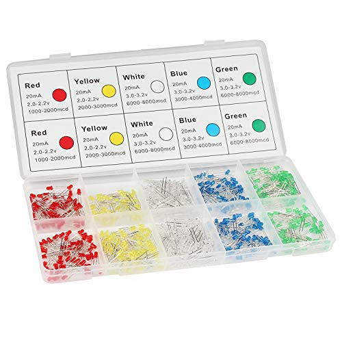 DiCUNO 500Pcs -5 Colors x 100P- 3MM Light Emitting Diode White/Red/Yellow/Green/Blue Bright Diffused LED Diodes Assorted Kit for Electronic Project Science Experiments