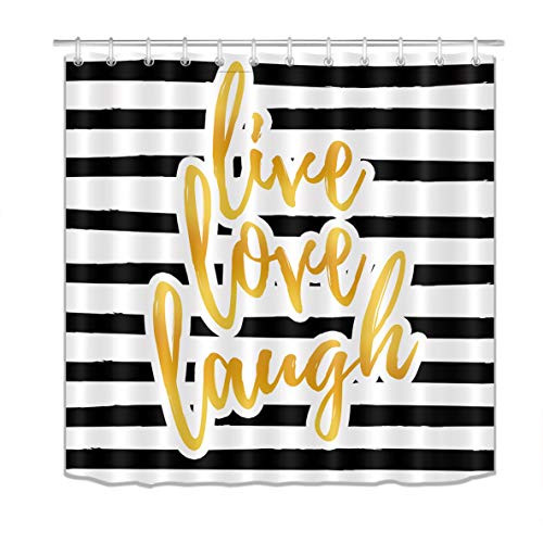 LB Black and White Strip Shower Curtain for Bathroom Decor Live Love Laugh 72x72 inch Polyester Fabric Bathtub Curtain with Hooks Mildew Resistant Waterproof