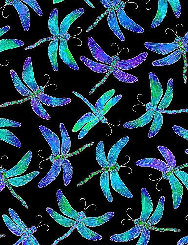 Timeless Treasures Iridescent Dragonflies on Black Cotton Quilt Fabric