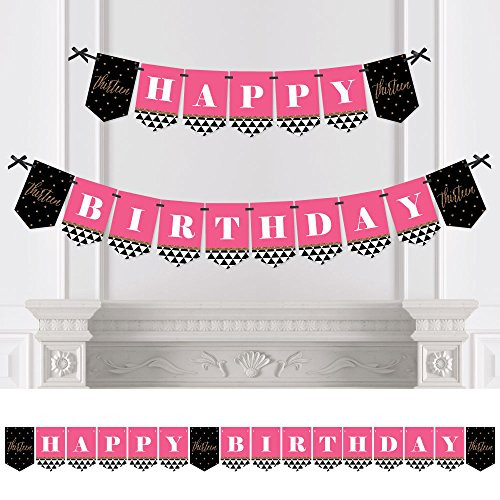 Big Dot of Happiness Chic 13th Birthday - Pink, Black and Gold - Birthday Party Bunting Banner - 13th Party Decorations - Happy Birthday