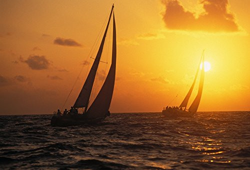 Posterazzi Hawaii Two Sailboats Silhouetted at Sunset Yellow and Orange Skies Poster Print, (16 x 11)