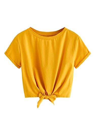 Romwe Womens Tie Knot Front Cuffed Sleeve Crop Top Tee T-Shirt Yellow-Pure Medium