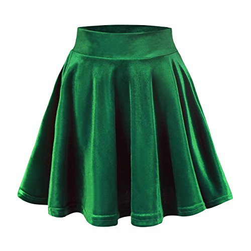 EXCHIC Womens Velvet Basic Versatile Stretchy Flared High Waist Mini Skater Skirt -M Dark Green-