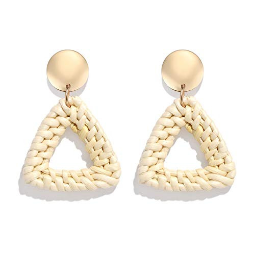 LPON Rattan Earrings for Women Girls Handmade Lightweight Wicker Straw Stud Earrings Statement Weaving Braid Drop Dangle Earring -Triangle-