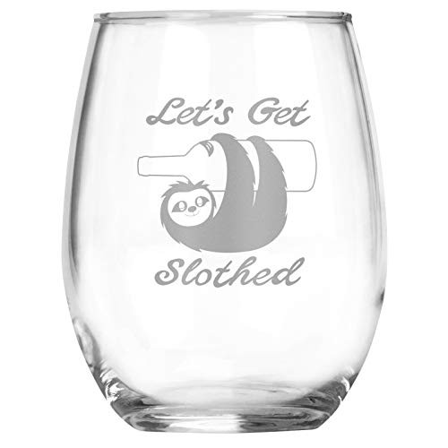 Sloth Gifts - Lets Get Slothed - 15 oz Stemless Wine Glass - Funny Birthday Party Gift - Christmas - Kitchen Decor Decorations Theme - Zoologist
