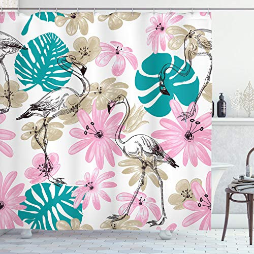 Ambesonne Nautical Shower Curtain Flamingo Flowers Exotic Garden Birds Animal Blooms Leaves Pattern Artwork Cloth Fabric Bathroom Decor Set with Hooks 75 inch Long Pink Teal