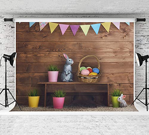 Spring Easter Backdrops for Photography Rabbit Colorful Eggs Green Grass Brown Wooden Wall Backdrop Baby Shower Kids Girls Newborn Party Photo Background Banner Studio Booth Props 7x5ft Vinyl