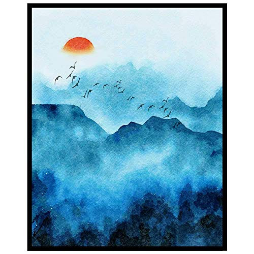 Watercolor Blue Ridge Mountains Landscape Art Print Sun Rise Mountains Silhouette Wall Decor 8x10 inch - UNFRAMED