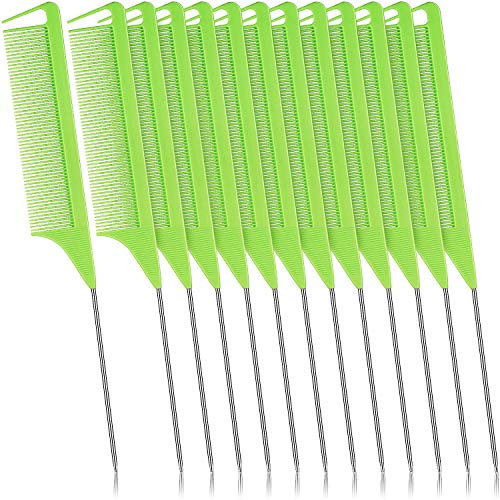 12 Pieces Parting Comb for Braids Rat Tail Comb Pintail Comb Teasing Combs with Stainless Steel Pintail for Hair Styling Hairdressing -Green-