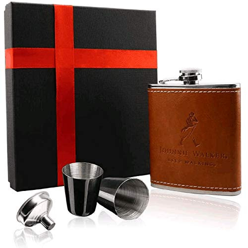 OneBom OneBom Pocket Flask Leather Hip Liquor Flask Set with Shot Glass  and  Funnel for Groomsmen Wine Lovers Gift Box -Yellow-